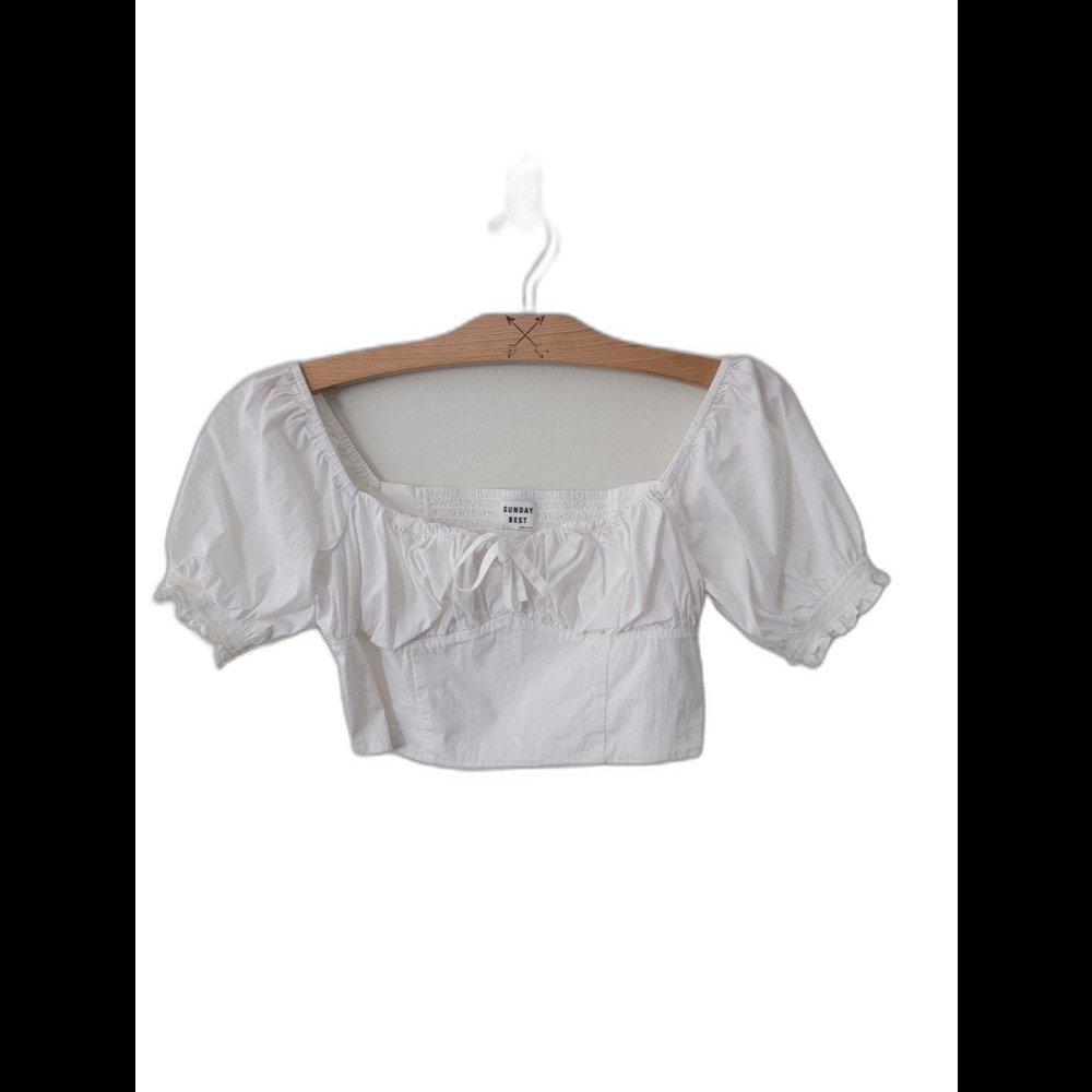 Sunday Best White Puff-Sleeve Tie-Front Cropped Top